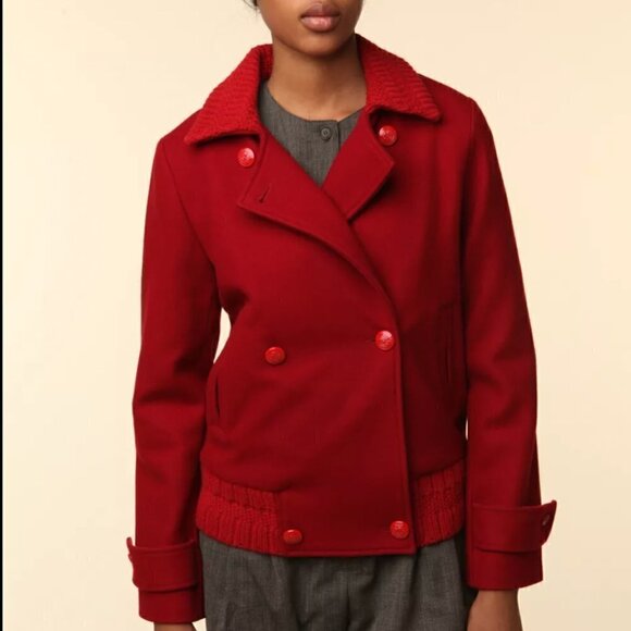 Sessun France Ted Red Cropped Pea Coat Double-Breast Wool-Blend Knit Trim Large - Picture 2 of 14